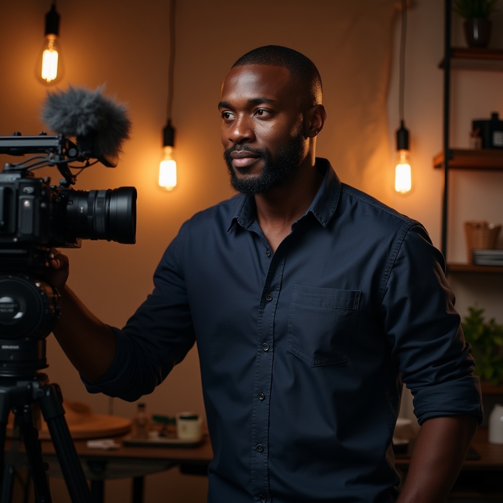 David Osei, on-camera coaching specialist, standing near professional camera equipment with warm lighting