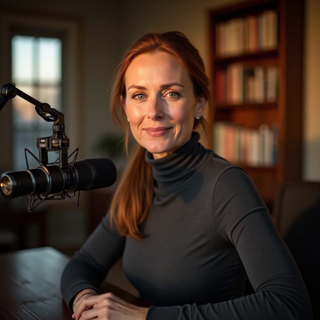 Elena Marsh, voice and presentation coach, seated at a professional home studio desk