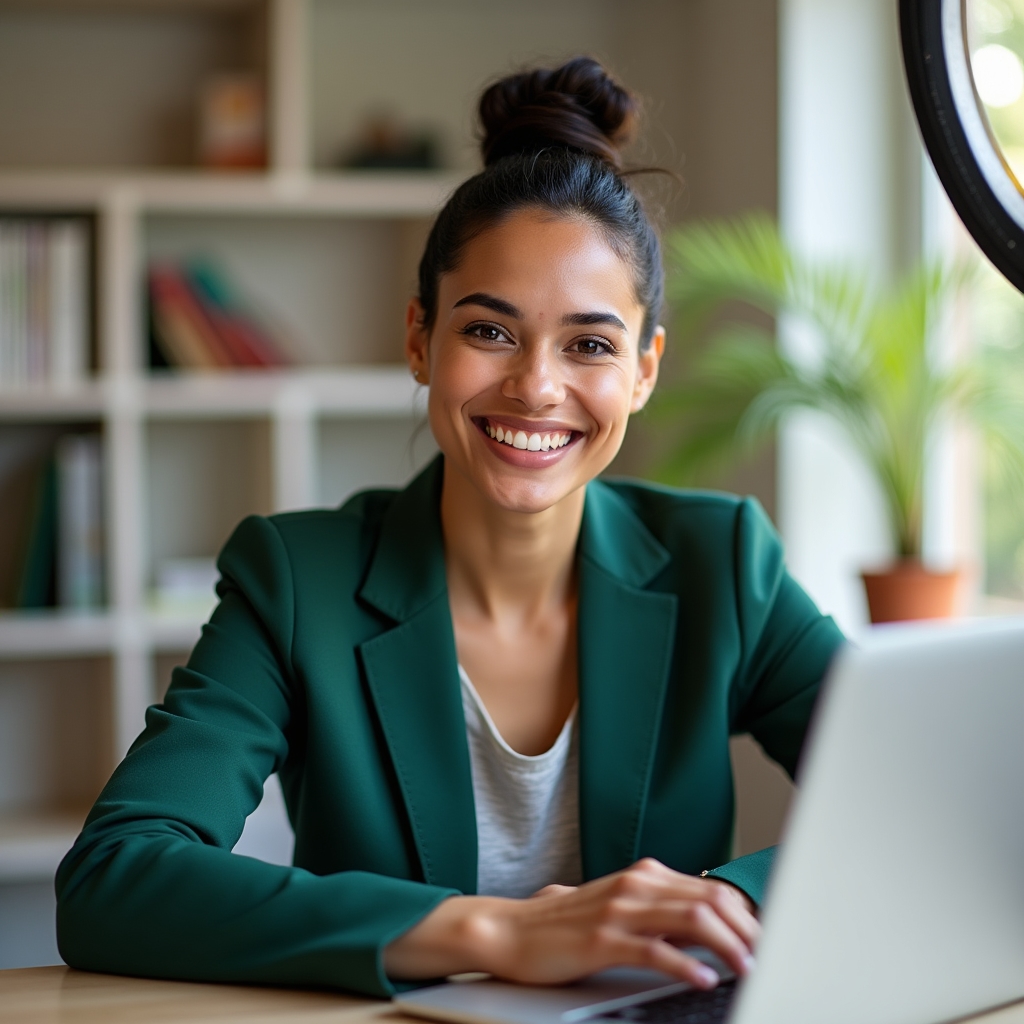 Priya Nair, webinar delivery specialist, smiling confidently at camera in a bright home office environment