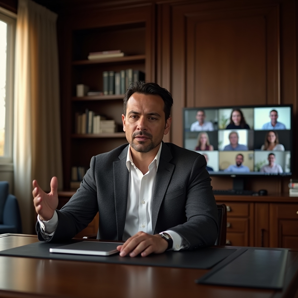 Senior executive in smart professional attire conducting a video call from a structured home office