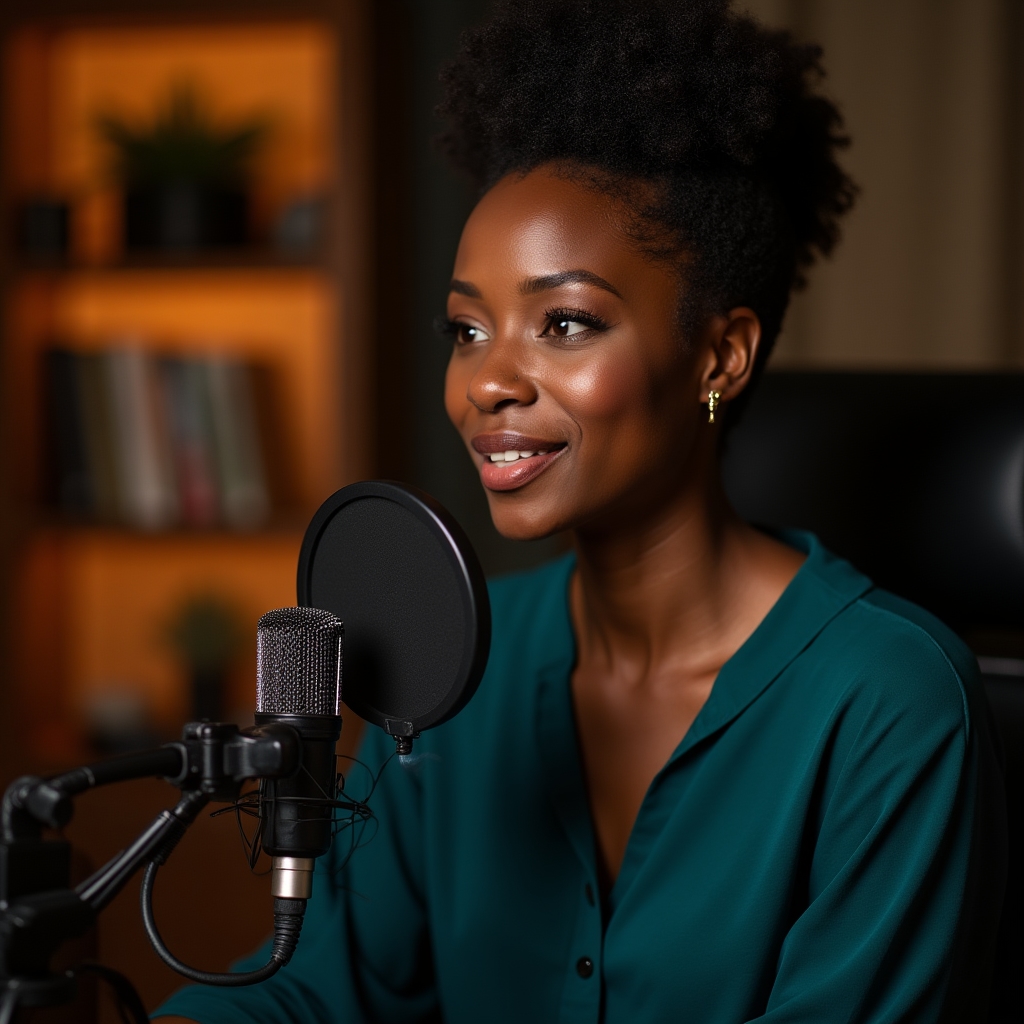 Close up of professional woman practicing vocal technique during coaching, microphone visible, focused expression, warm directional light